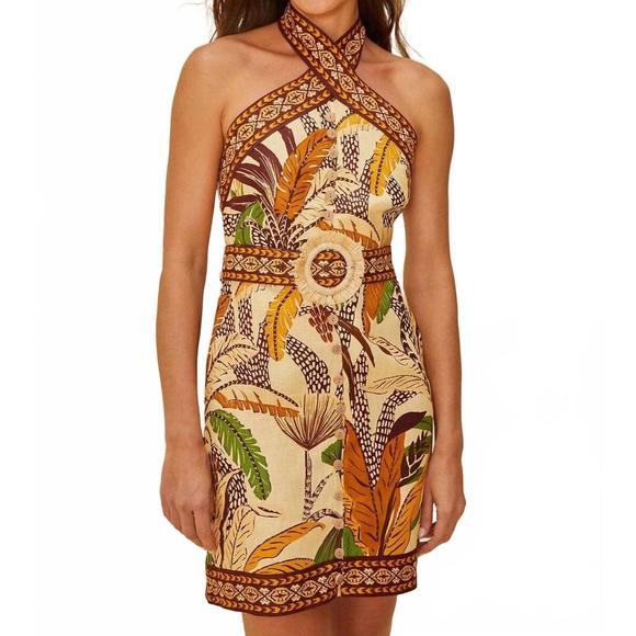 FARM RIO Dresses & Skirts - NEW FARM RIO foliage sketch sand halter mini dress in sand